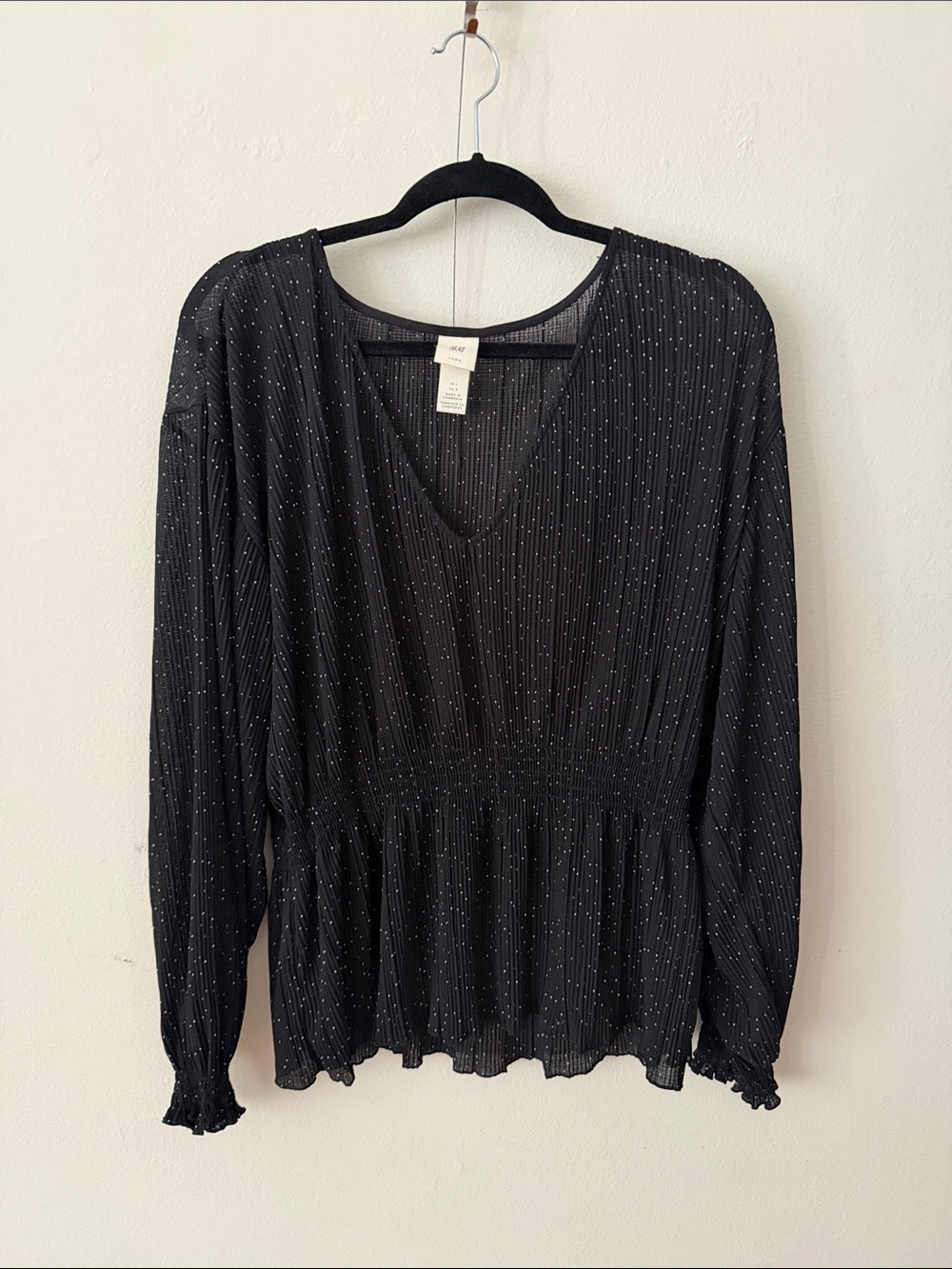 H&M Black V-Neck Peplum Top with Silver Dots